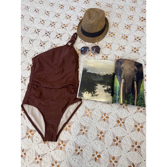 Kona Sol Chocolate Brown One Shoulder One Piece Swimsuit Sz S‎ - Picture 1 of 9